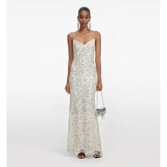Self-Portrait Cream Floral Sequin Maxi Dress US 4 - Picture 1 of 11